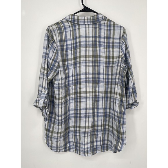 J JILL Tunic PS Shirt Plaid 100% Linen 1/2 Button Front Roll Tab Sleeve Blue - Picture 5 of 6